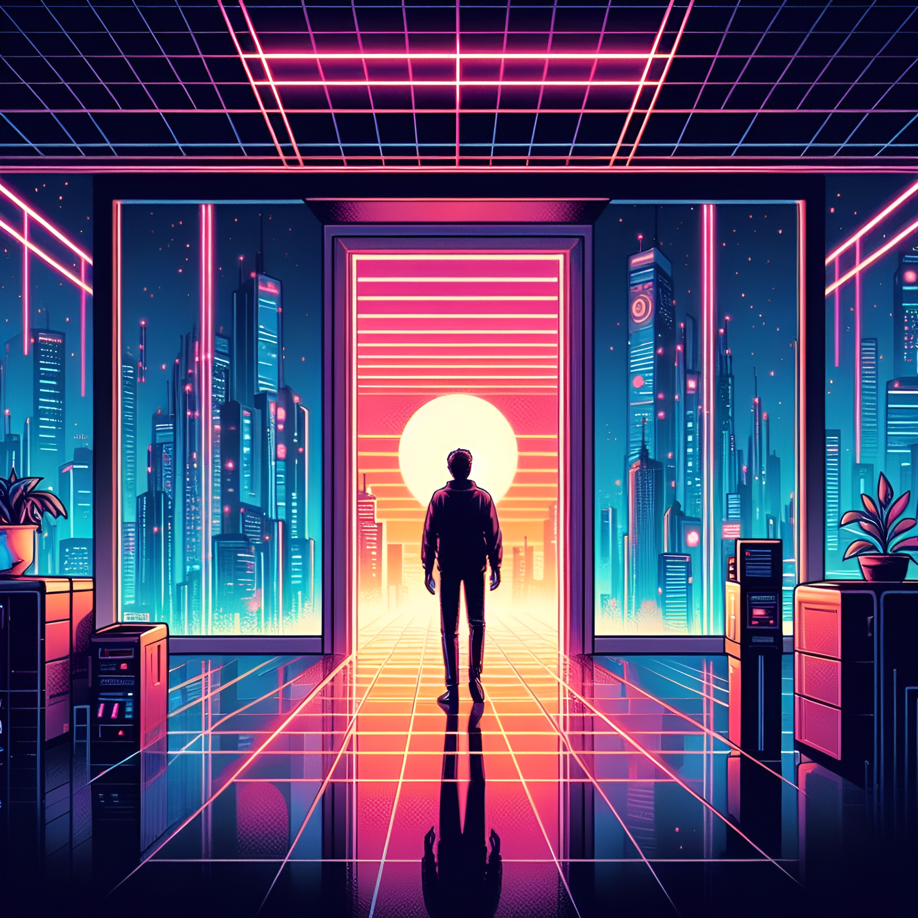 A person walking into a synthwave world