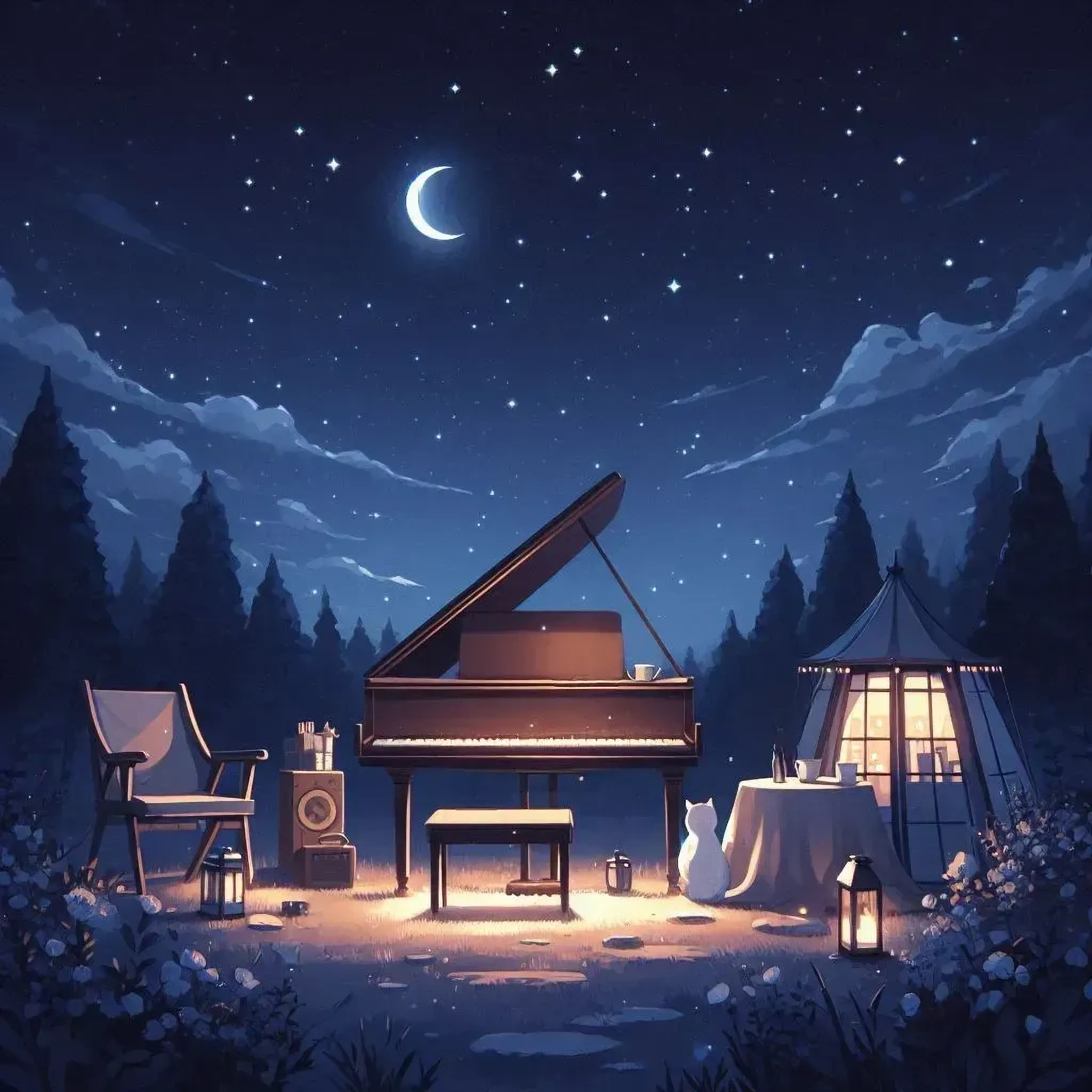 A moon in a night sky and a piano, cat, tent and some other cozy stuff on the ground (under the moon).